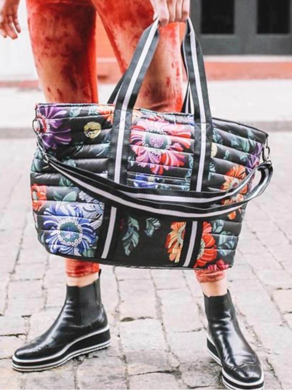 THINK ROYLN Quilted Floral Tote - Black with Multi Color Flowers